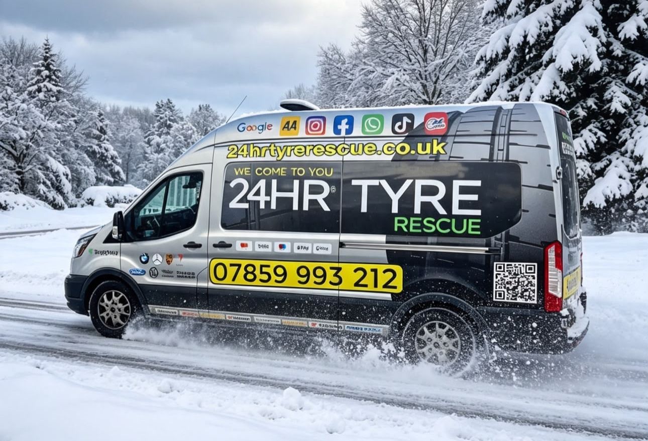 Mobile tyre fitting van out in the snow Mobile tyre fitting van out in the snow